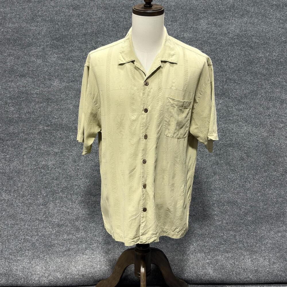 Tommy Bahama Shirt Mens Large Beige Silk Palm Hawaiian Camp Button Front